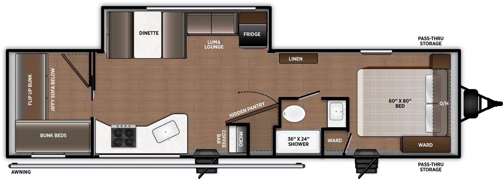 The Airelume 285 floorplan has two entries and one slide out. Exterior features include: metal exterior. Interiors features include: bunk beds and front bedroom.